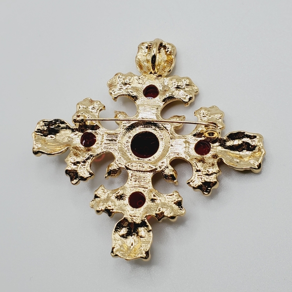 Maltese cross brooch lion red jelly belly cabachon gold pendant necklace - Picture 7 of 7